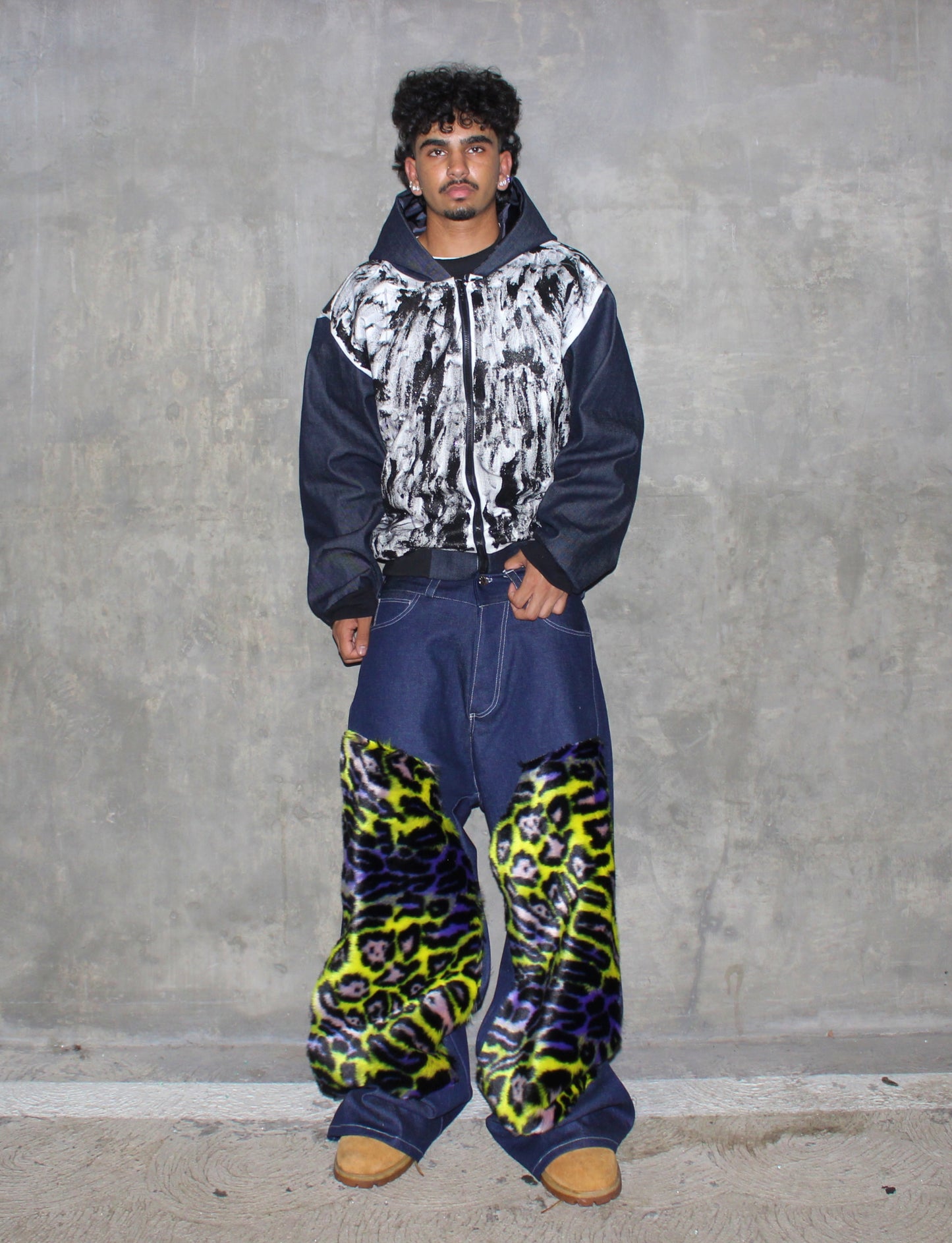 leopard fur indigo denim