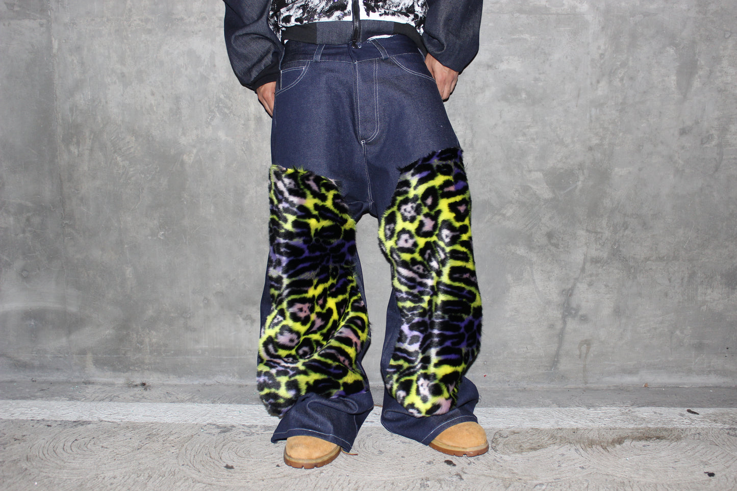 leopard fur indigo denim