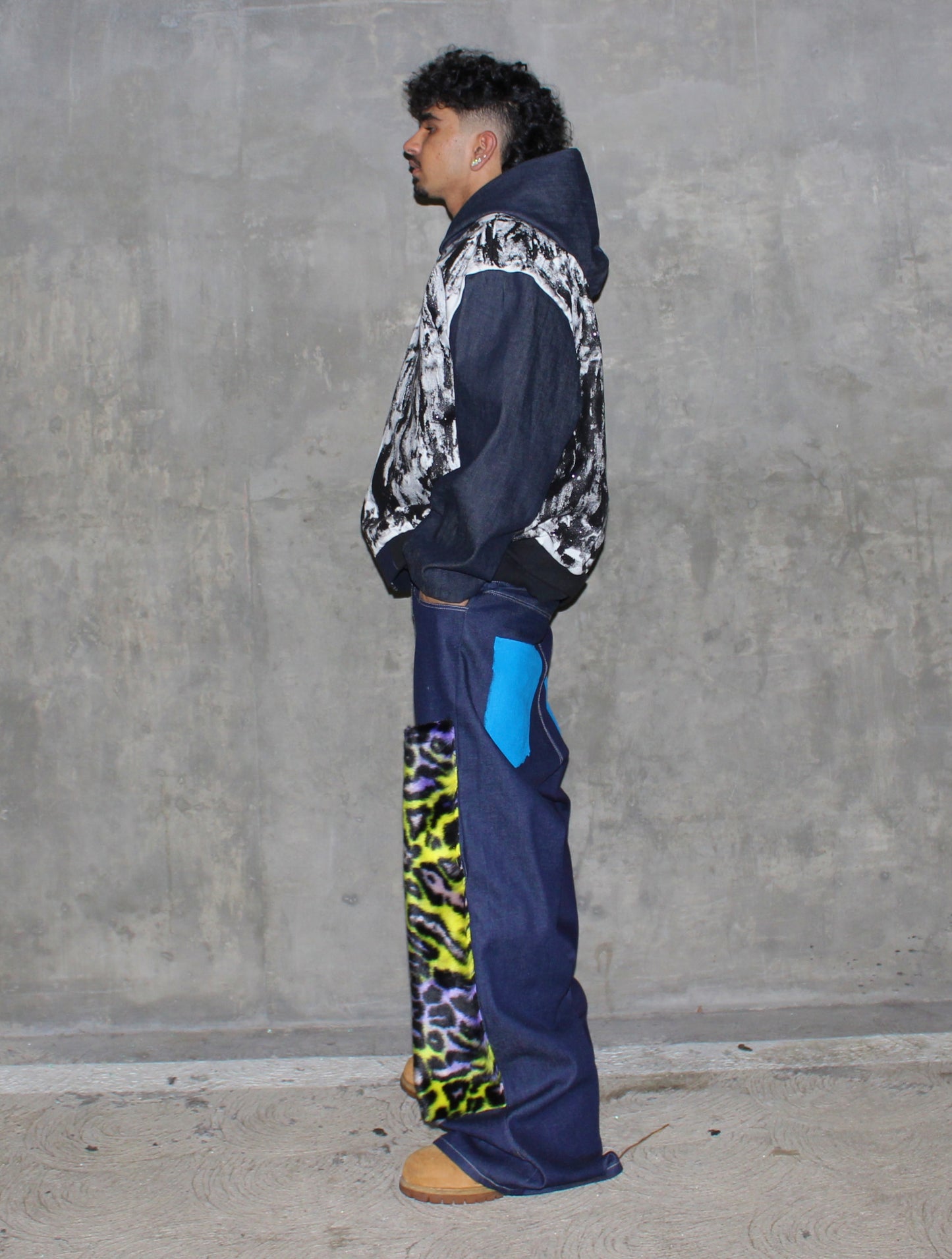 leopard fur indigo denim