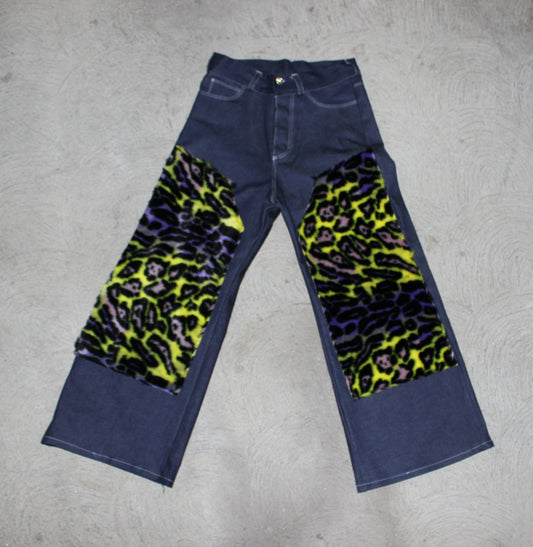 leopard fur indigo denim